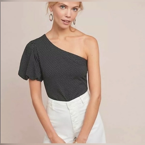 Maeve Tops - Maeve by Anthropologie Black & White Asymmetrical Puff Sleeve Top - Medium